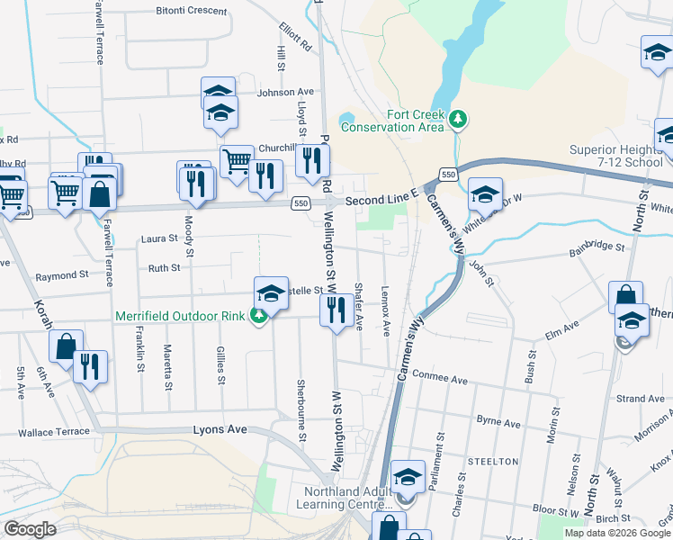 map of restaurants, bars, coffee shops, grocery stores, and more near 706 Wellington Street West in Sault Ste. Marie