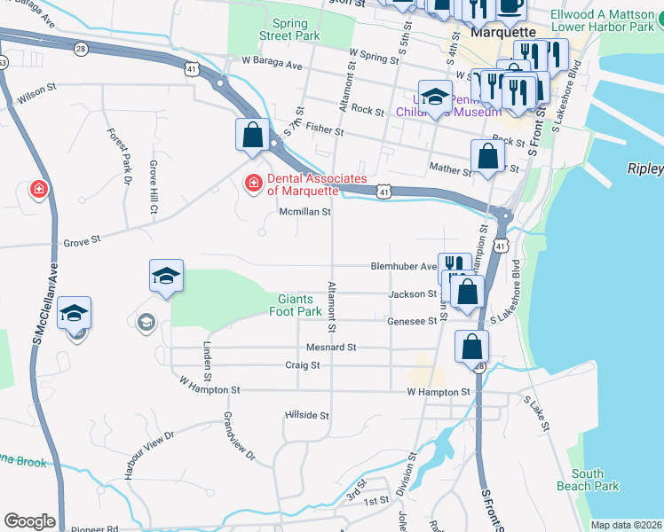 map of restaurants, bars, coffee shops, grocery stores, and more near 400 Blemhuber Avenue in Marquette