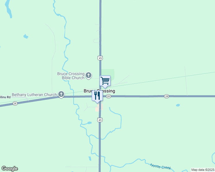 map of restaurants, bars, coffee shops, grocery stores, and more near Korsman Parkway in Bruce Crossing