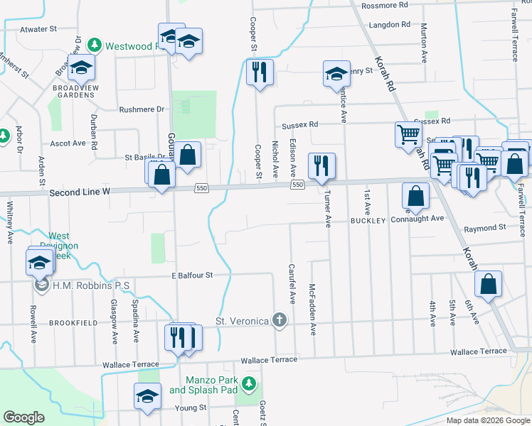 map of restaurants, bars, coffee shops, grocery stores, and more near 582 Connaught Avenue in Sault Ste. Marie