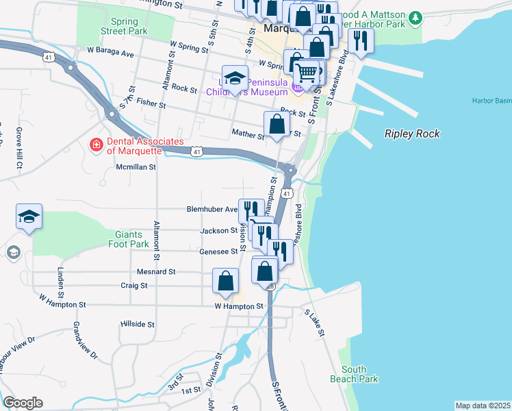 map of restaurants, bars, coffee shops, grocery stores, and more near 110 Blemhuber Avenue in Marquette