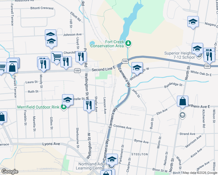 map of restaurants, bars, coffee shops, grocery stores, and more near 257 Bainbridge Street in Sault Ste. Marie