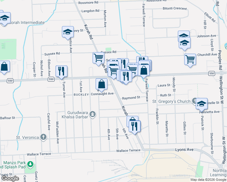 map of restaurants, bars, coffee shops, grocery stores, and more near 467 Korah Road in Sault Ste. Marie