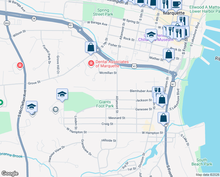 map of restaurants, bars, coffee shops, grocery stores, and more near 400-498 Blemhuber Avenue in Marquette