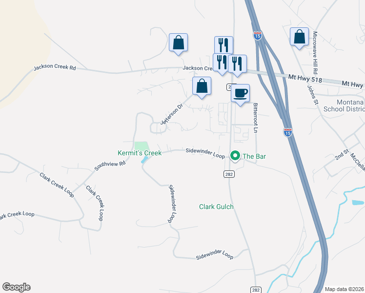 map of restaurants, bars, coffee shops, grocery stores, and more near 12 Sidewinder Loop in Clancy