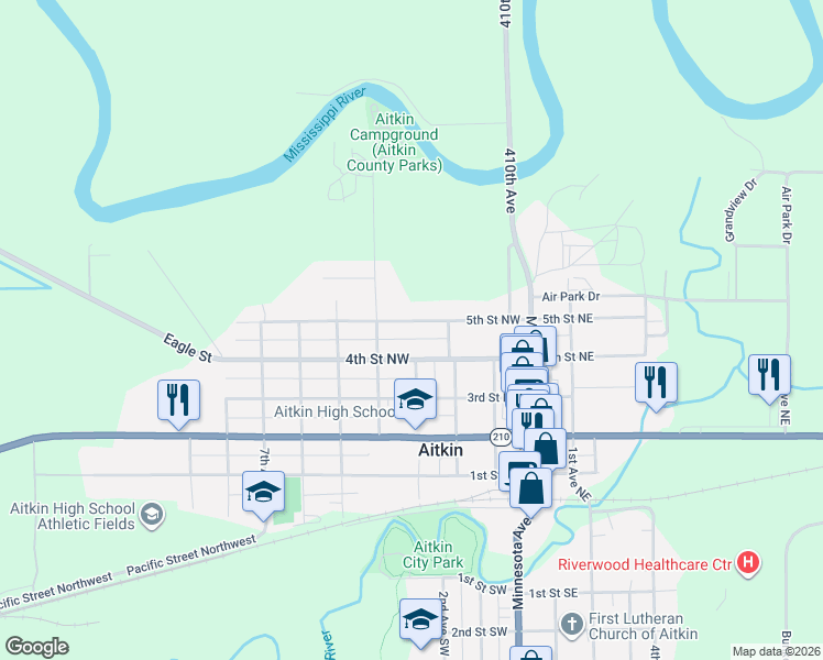 map of restaurants, bars, coffee shops, grocery stores, and more near 213 5th Street Northwest in Aitkin
