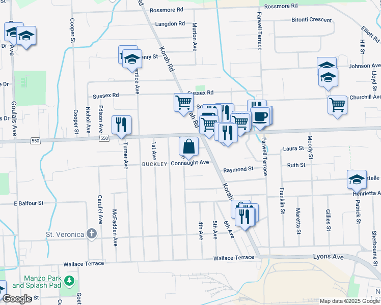 map of restaurants, bars, coffee shops, grocery stores, and more near 430 Connaught Avenue in Sault Ste. Marie