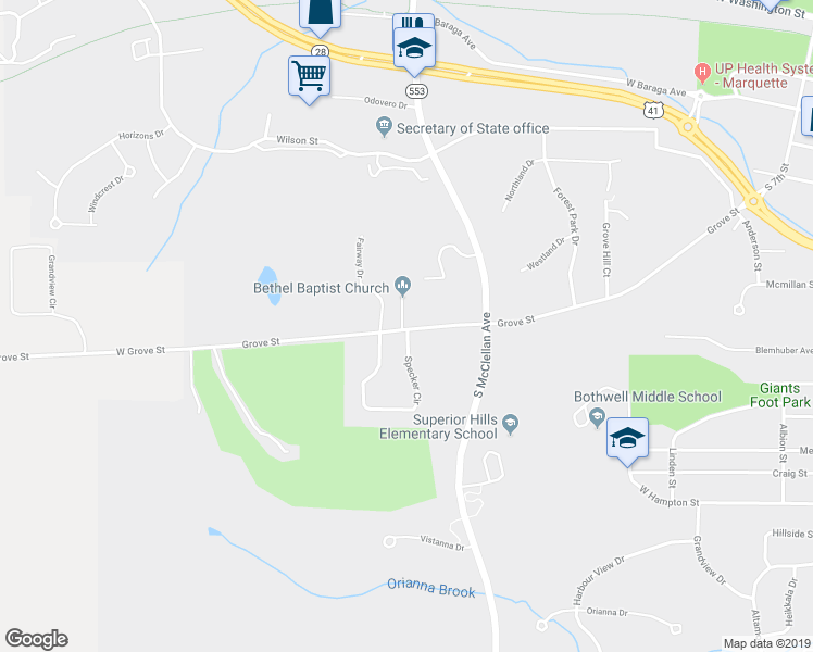 map of restaurants, bars, coffee shops, grocery stores, and more near 823 Grove Street in Marquette