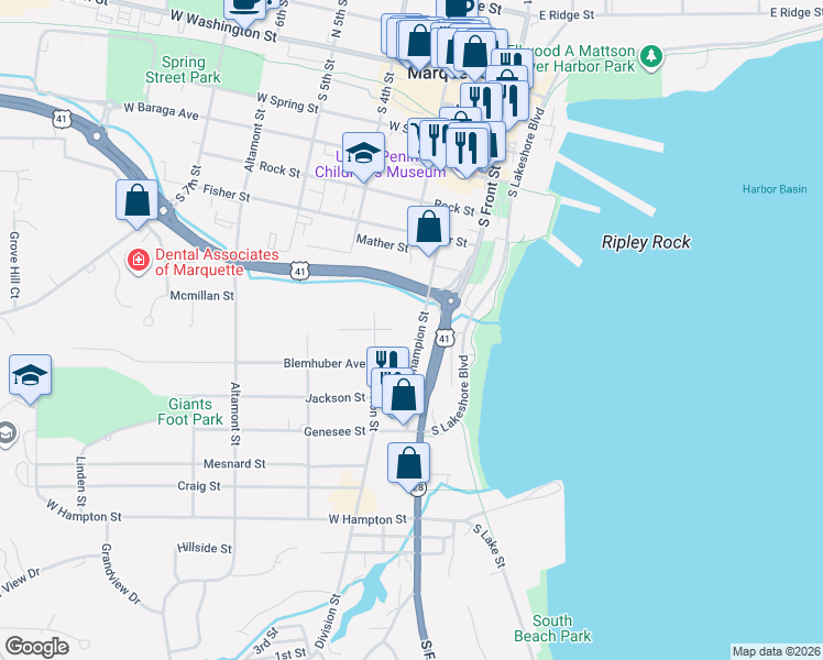map of restaurants, bars, coffee shops, grocery stores, and more near 826 Champion Street in Marquette