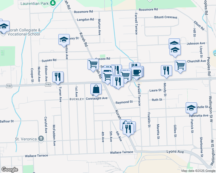 map of restaurants, bars, coffee shops, grocery stores, and more near 275 Second Line West in Sault Ste. Marie