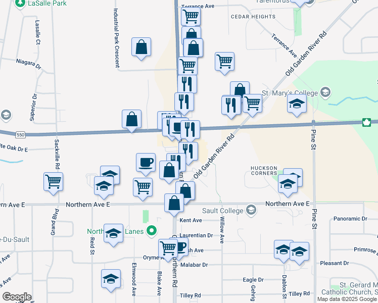 map of restaurants, bars, coffee shops, grocery stores, and more near 360 Great Northern Road in Sault Ste. Marie