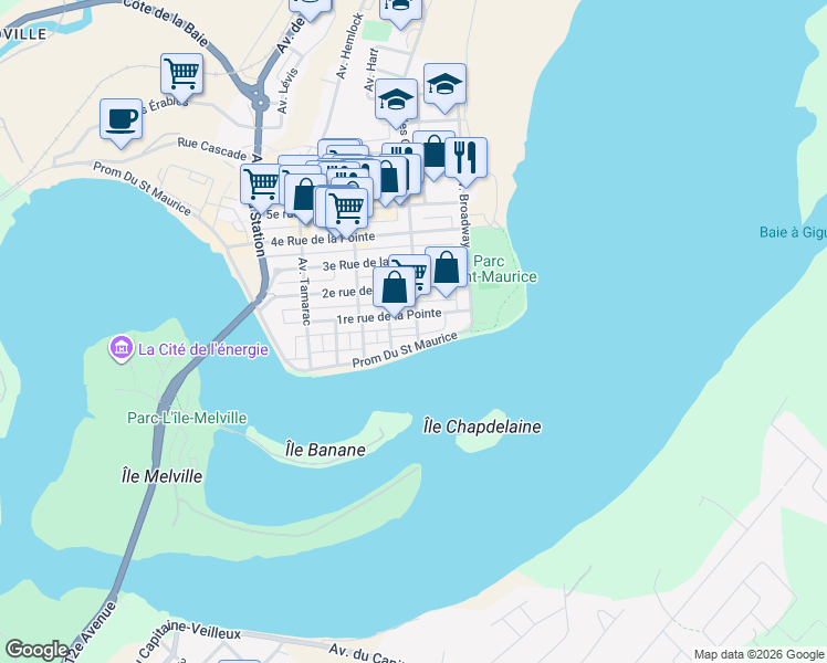 map of restaurants, bars, coffee shops, grocery stores, and more near 75 Avenue des Cèdres in Shawinigan