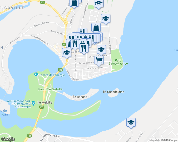map of restaurants, bars, coffee shops, grocery stores, and more near 72 Avenue Mercier in Shawinigan