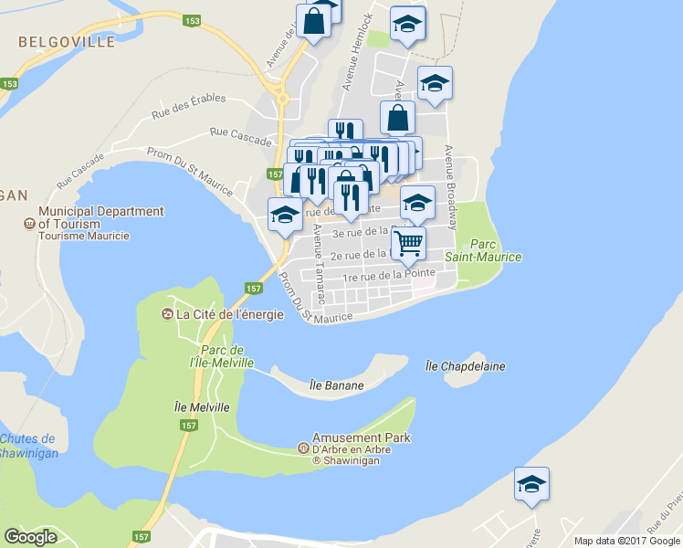 map of restaurants, bars, coffee shops, grocery stores, and more near 592 1re Rue in Shawinigan