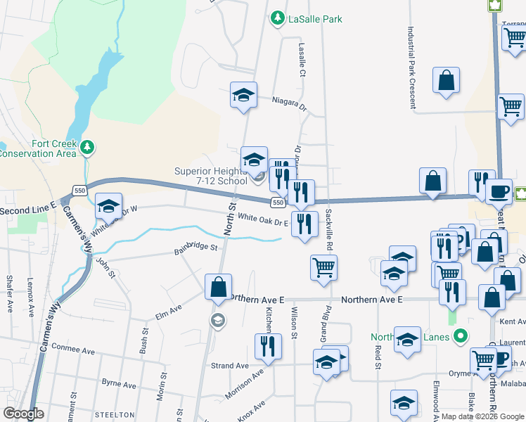 map of restaurants, bars, coffee shops, grocery stores, and more near 40 White Oak Drive East in Sault Ste. Marie