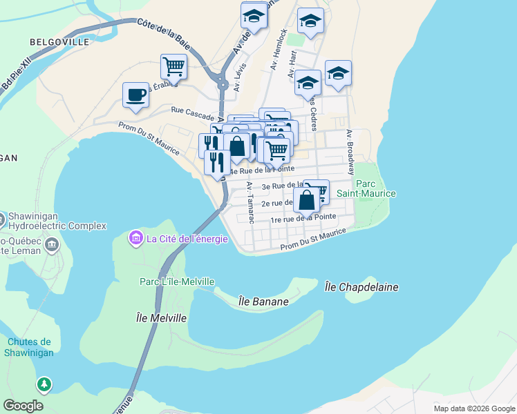 map of restaurants, bars, coffee shops, grocery stores, and more near 655 2e Rue in Shawinigan