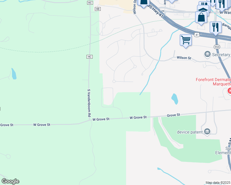 map of restaurants, bars, coffee shops, grocery stores, and more near 23 Grandview Circle in Marquette
