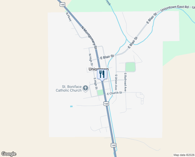 map of restaurants, bars, coffee shops, grocery stores, and more near 110-118 South High Street in Uniontown