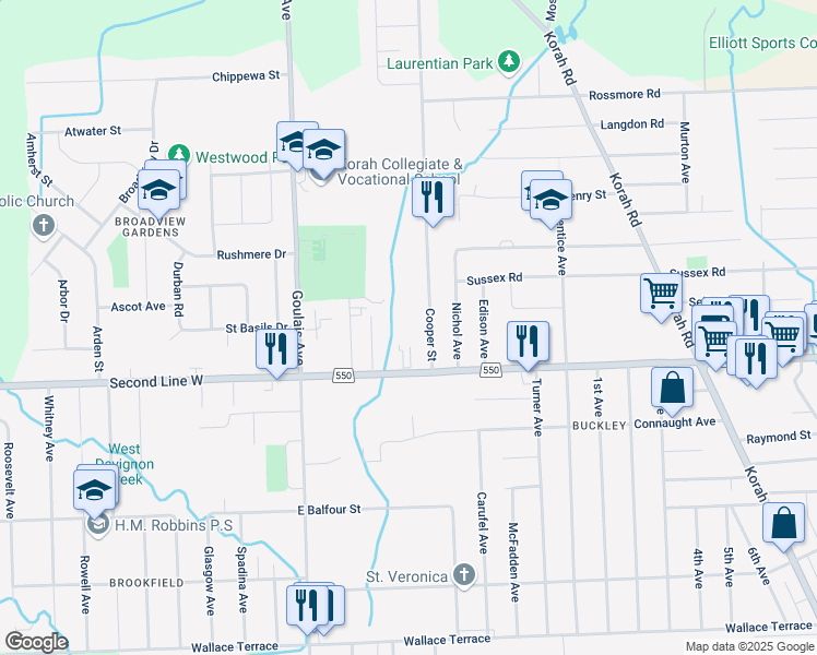 map of restaurants, bars, coffee shops, grocery stores, and more near 551 Cooper Street in Sault Ste. Marie