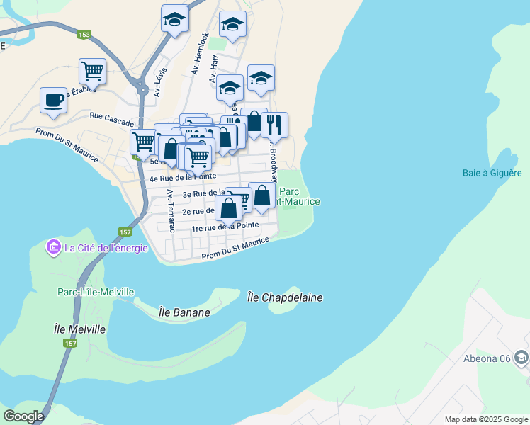 map of restaurants, bars, coffee shops, grocery stores, and more near 187 2e Rue in Shawinigan