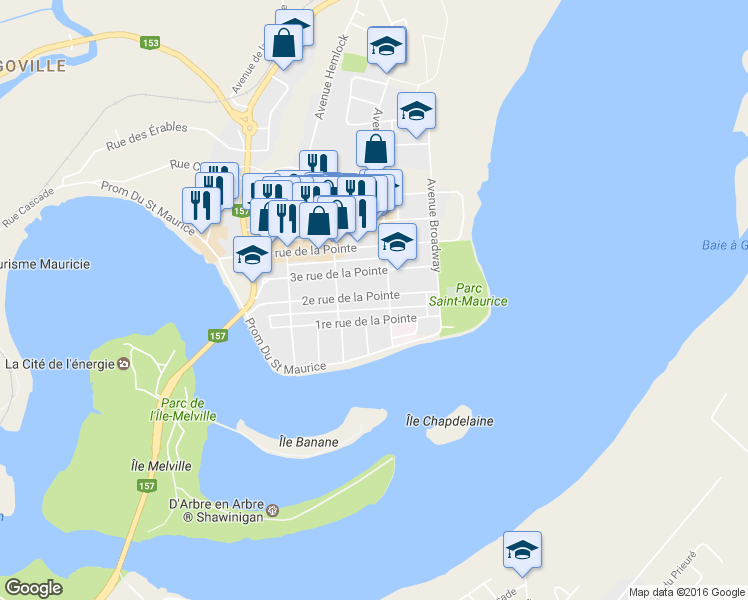 map of restaurants, bars, coffee shops, grocery stores, and more near 353 2e Rue in Shawinigan