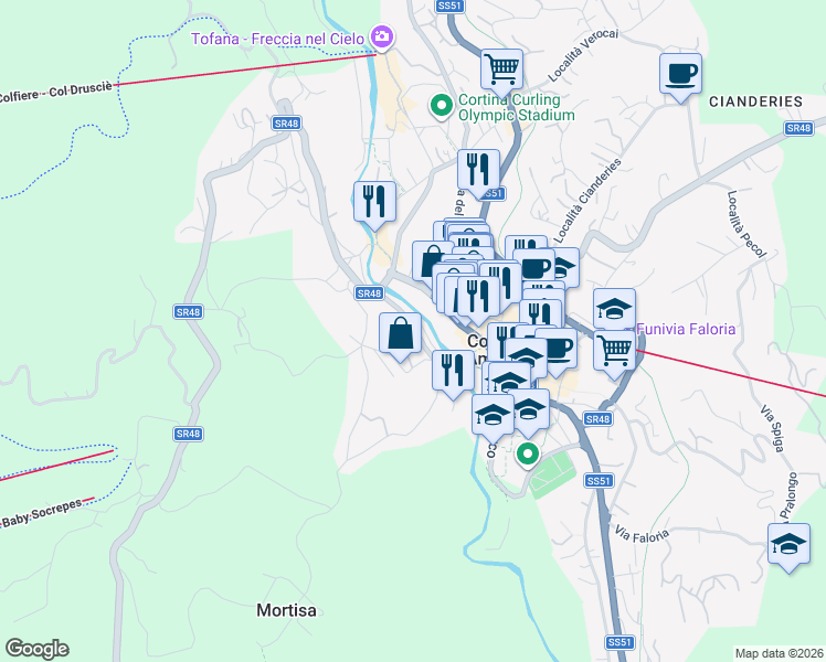 map of restaurants, bars, coffee shops, grocery stores, and more near 5 Via Lungoboite in Cortina d'Ampezzo