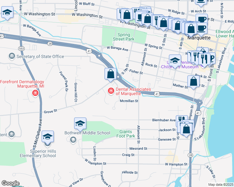 map of restaurants, bars, coffee shops, grocery stores, and more near 752 Anderson Street in Marquette