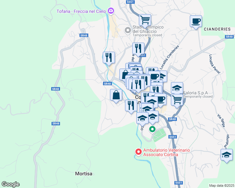 map of restaurants, bars, coffee shops, grocery stores, and more near 5 Via Lungoboite in Cortina d'Ampezzo