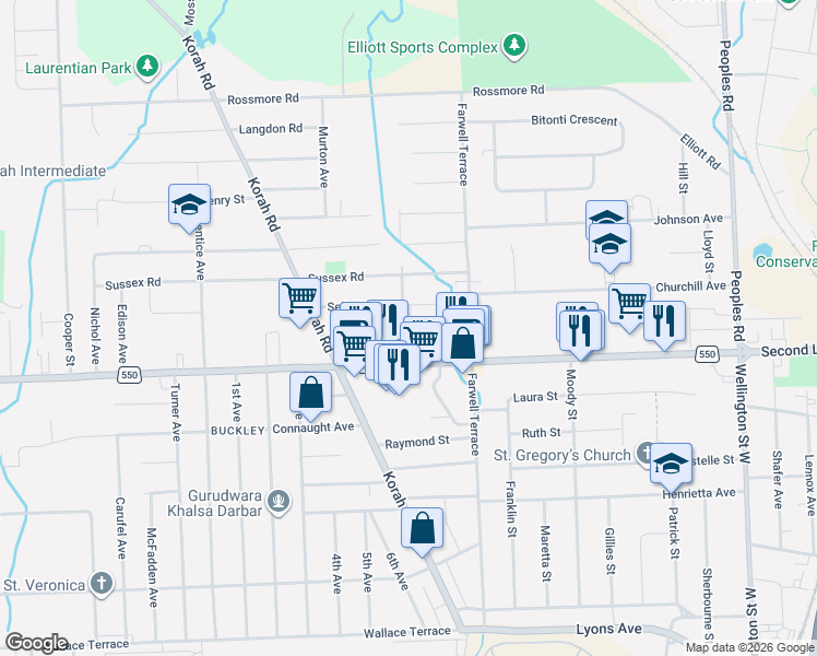 map of restaurants, bars, coffee shops, grocery stores, and more near 528 Brunswick Avenue in Sault Ste. Marie