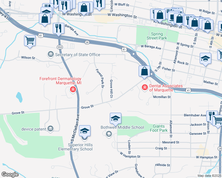 map of restaurants, bars, coffee shops, grocery stores, and more near 43 Grove Hill Court in Marquette