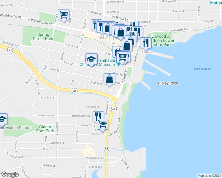 map of restaurants, bars, coffee shops, grocery stores, and more near 798 Champion Street in Marquette