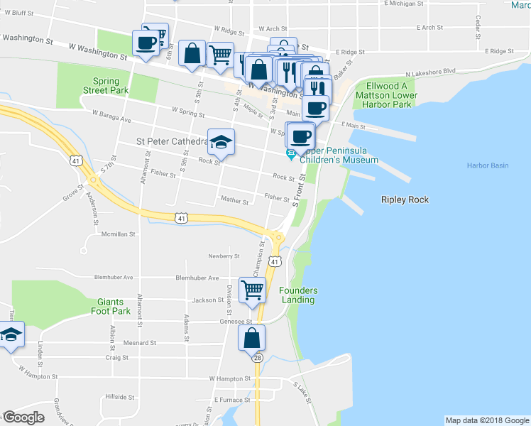 map of restaurants, bars, coffee shops, grocery stores, and more near 700 Champion Street in Marquette