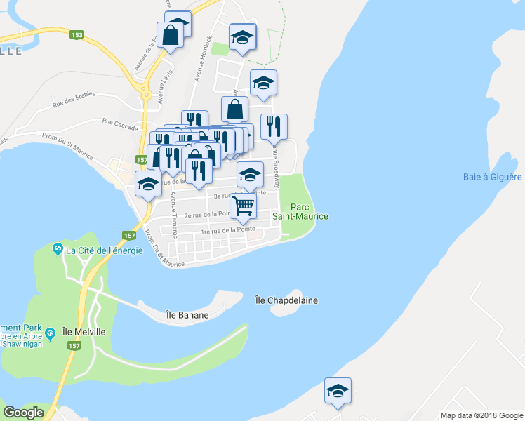 map of restaurants, bars, coffee shops, grocery stores, and more near 185 2e Rue in Shawinigan