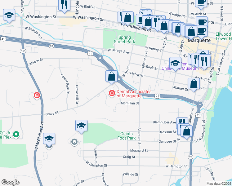 map of restaurants, bars, coffee shops, grocery stores, and more near 712 Chippewa Square in Marquette