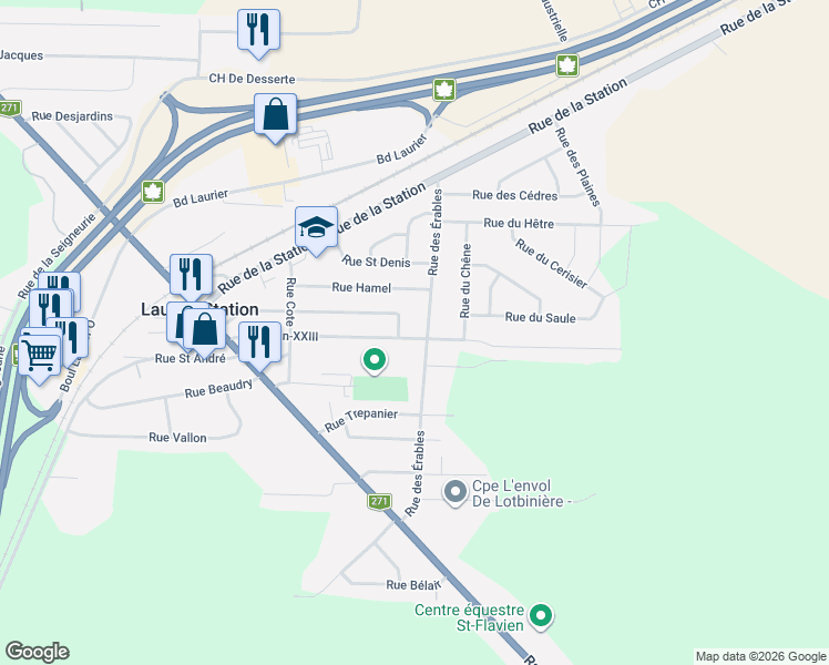 map of restaurants, bars, coffee shops, grocery stores, and more near 152 Rue Jean-XXIII in Laurier-Station