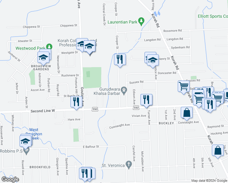 map of restaurants, bars, coffee shops, grocery stores, and more near 551 Cooper Street in Sault Ste. Marie