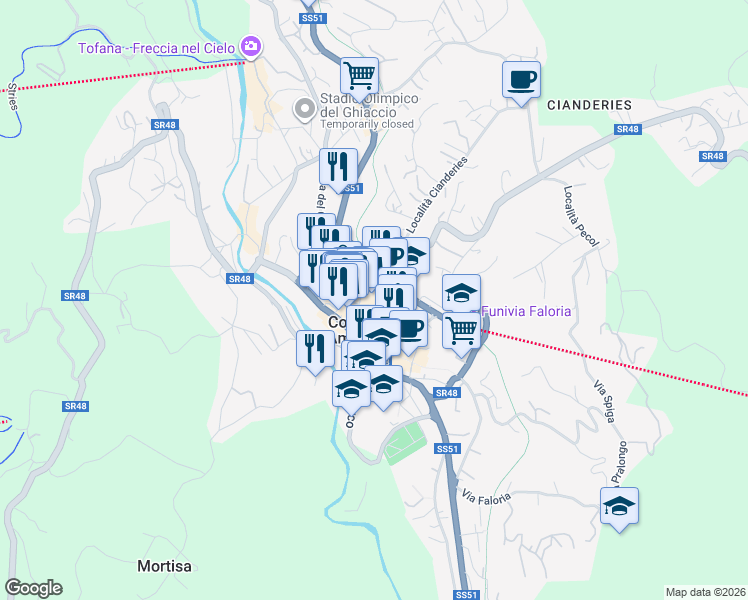 map of restaurants, bars, coffee shops, grocery stores, and more near 14 Via Stazione in Cortina d'Ampezzo