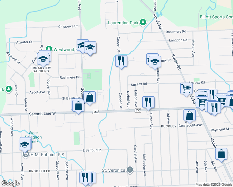 map of restaurants, bars, coffee shops, grocery stores, and more near 551 Cooper Street in Sault Ste. Marie