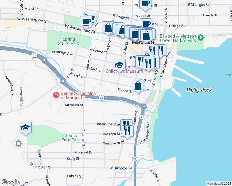 map of restaurants, bars, coffee shops, grocery stores, and more near 699 South 4th Street in Marquette