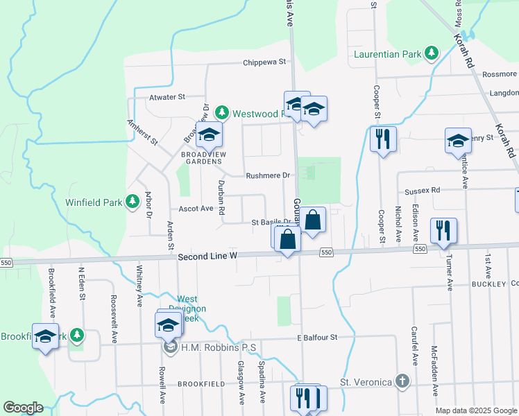 map of restaurants, bars, coffee shops, grocery stores, and more near 7 Digby Crescent in Sault Ste. Marie