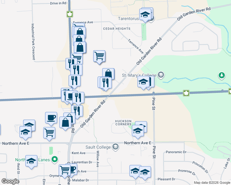 map of restaurants, bars, coffee shops, grocery stores, and more near 163 Old Garden River Road in Sault Ste. Marie