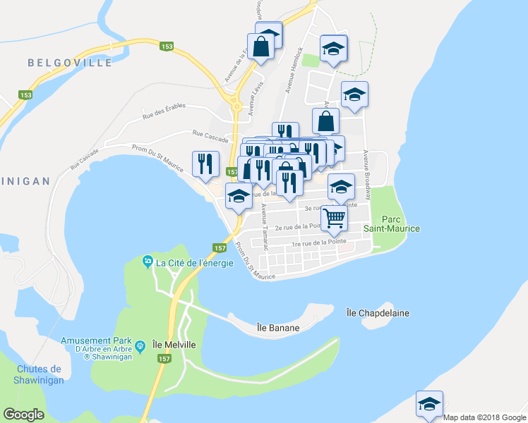 map of restaurants, bars, coffee shops, grocery stores, and more near 704 3e Rue in Shawinigan