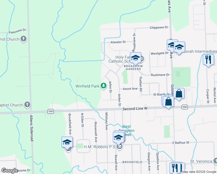 map of restaurants, bars, coffee shops, grocery stores, and more near 15 Arbor Drive in Sault Ste. Marie