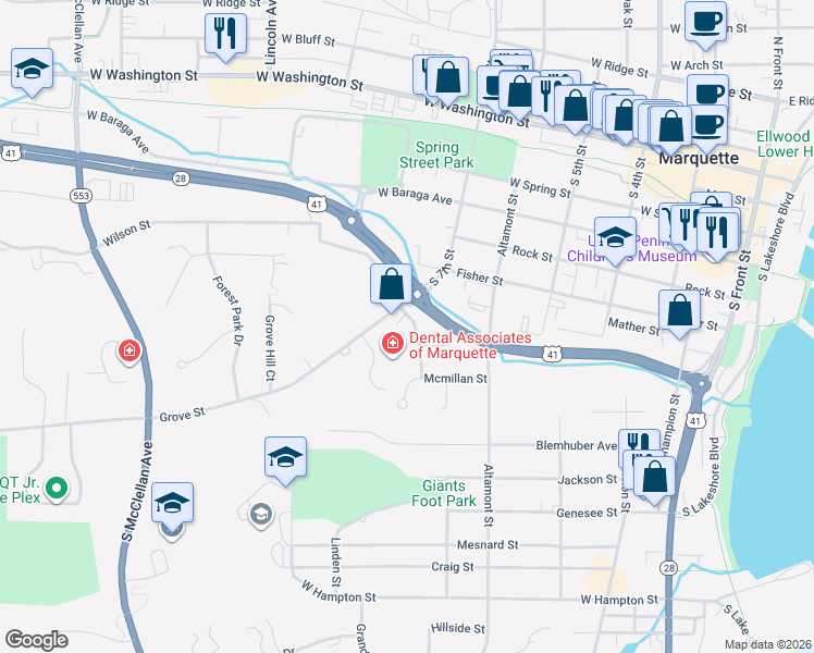 map of restaurants, bars, coffee shops, grocery stores, and more near 712 Chippewa Square in Marquette