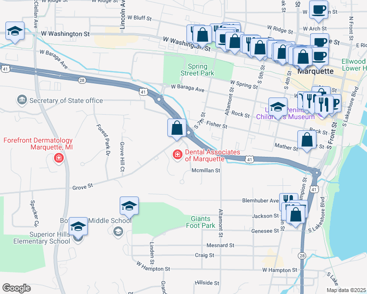 map of restaurants, bars, coffee shops, grocery stores, and more near 710 Chippewa Square in Marquette
