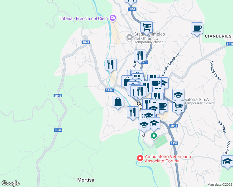 map of restaurants, bars, coffee shops, grocery stores, and more near 5 Via Lungoboite in Cortina d'Ampezzo