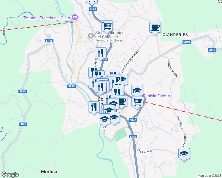 map of restaurants, bars, coffee shops, grocery stores, and more near 14 Via Stazione in Cortina d'Ampezzo