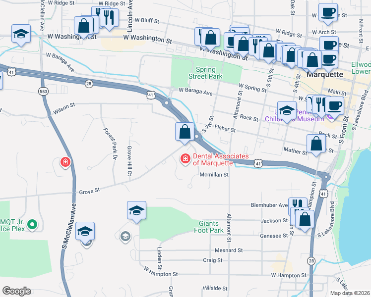 map of restaurants, bars, coffee shops, grocery stores, and more near 714 Grove Street in Marquette