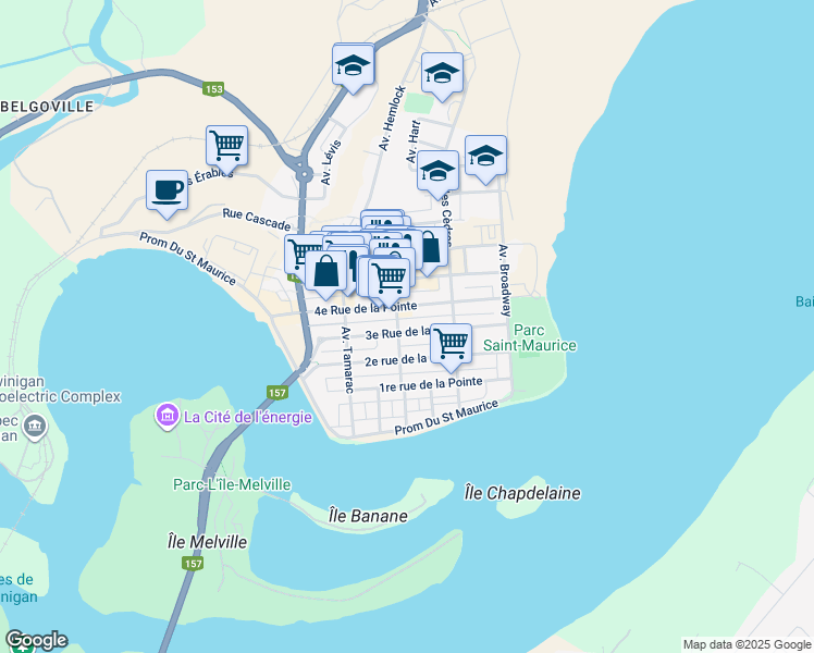 map of restaurants, bars, coffee shops, grocery stores, and more near 472 3e Rue in Shawinigan