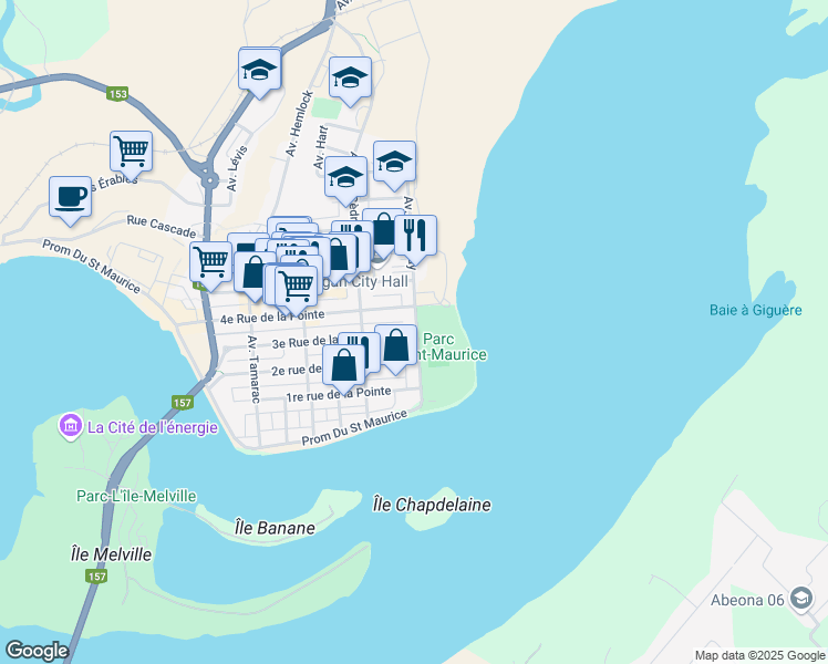 map of restaurants, bars, coffee shops, grocery stores, and more near 112 3e Rue in Shawinigan